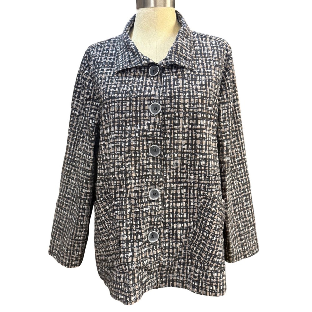 Habitat L Black Tan Grid Print Button Jacket Boxy Top Abstract Funky Maximalist
